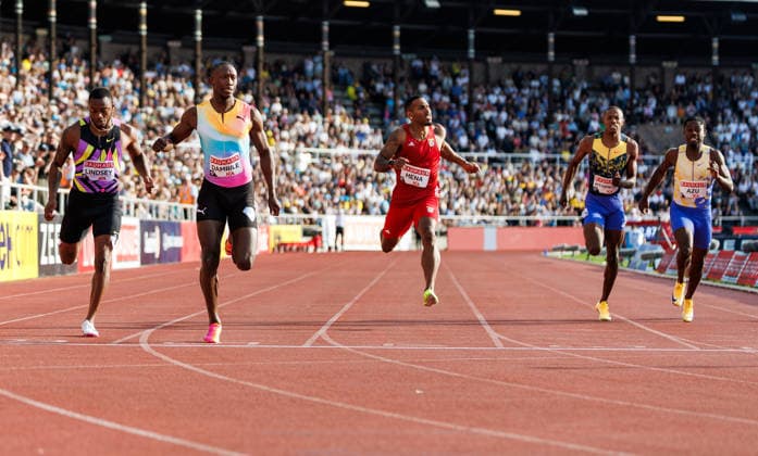 260607 Kenneth Bednarek of United States, Courtney Lindsey of United States and Sinesipho Dambile of South Africa compete in the men s 200 meter during Bauhaus galan, part of the Diamond League series, June 7, 2026 in Stockholm Photo Maxim Thore BILDBYRAN kod MT MT1057 friidrott athletics friidrett diamond league bauhaus galan bbeng stockholm  Copyright: MAXIMxTHORE BB260607MT138