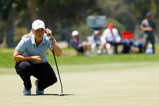 Maja Stark of Sweden lines up a putt on the 1st green during the final round of the 81st Women s U.S. Open golf championship at the Riviera Country Club in Pacific Palisades, California, on Sunday, June 7, 2026.  GLP20260607929 CAROLINExBREHMAN