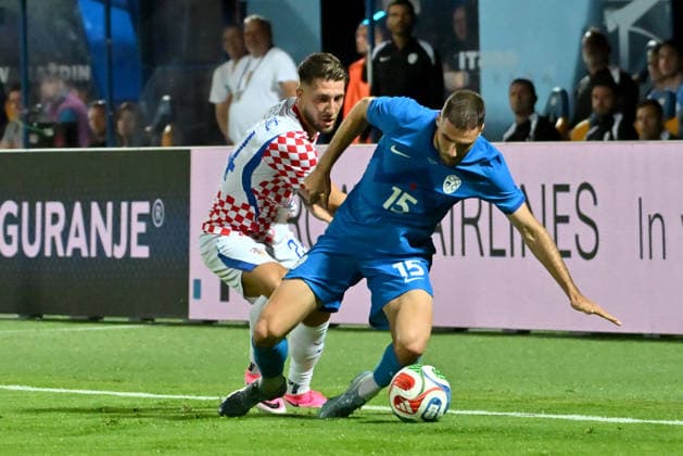 VARAZDIN, CROATIA - JUNE 07: Danijel Sturm of Slovenia (R) in action against Marco Pasalic of Croatia (L) during the International men’s football Friendly match between Croatia and Slovenia at Stadium Varteks, Varazdin on June 07, 2026 in Varazdin, Croatia. (Photo by Igor Kupljenik Sports Press Photo).  Copyright: xIgorxKupljenikx xSPPx Sportspressphoto_SPR163049