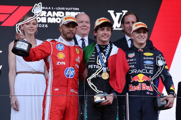 07 06 2026, xrarjax, Motorsport FIA Formula 1, Monaco Grand Prix 2025 v l podium ceremony ALewis Hamilton Ferrari starting number 44 ndrea Kimi Antonelli Mercedes AMG Petronas starting number 12 and Albert Alexandre Louis Pierre Rainier Grimaldi Albert II Prince of Monaco Isack Hadjar Oracle Red Bull Racing starting number 06 Charlene Charlene of Monaco FIA REGULATIONS PROHIBIT ANY USE OF PHOTOGRAPHS as IMAGE SEQUENCES and or QUASI VIDEO Monte Carlo MANDATORY CREDIT: Beto Issa Photos ALL RIGHTS RESERVED: www.betoissaphotos.com