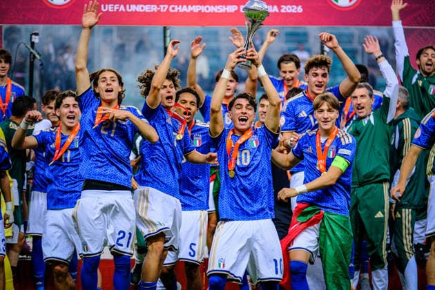 UEFA Under-17 European Championship, EM, Europameisterschaft Estonia 2026 Italy U-17 national team, Nationalteam celebrating winning the European Championship during the UEFA Under-17 European Championship Final match between Italy U-17 vs Belgium U-17 national teams, Tallinn Estonia 07.06.2026 Tallinn A Le Coq Arena Estonia Copyright: xMaurixLevandix