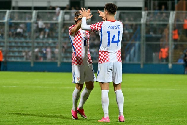 VARAZDIN, CROATIA - JUNE 07: Luka Modric (L) and Ivan Perisic of Croatia (R) celebrate score during the International men’s football Friendly match between Croatia and Slovenia at Stadium Varteks, Varazdin on June 07, 2026 in Varazdin, Croatia. (Photo by Igor Kupljenik Sports Press Photo).  Copyright: xIgorxKupljenikx xSPPx Sportspressphoto_SPR163066