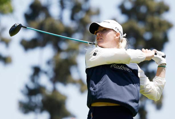 Charley Hull of England tees off on the 2nd hole during the final round of the 81st Women s U.S. Open golf championship at the Riviera Country Club in Pacific Palisades, California, on Sunday, June 7, 2026.  GLP20260607952 CAROLINExBREHMAN