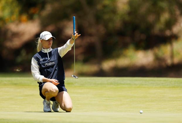 Charley Hull of England lines up a putt on the 9th hole during the final round of the 81st Women s U.S. Open golf championship at the Riviera Country Club in Pacific Palisades, California, on Sunday, June 7, 2026.  GLP20260607969 CAROLINExBREHMAN