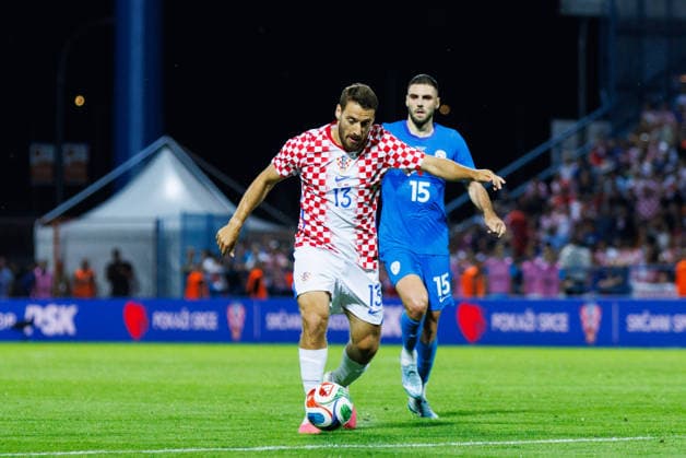 Pre World cup international friendly 2026 match between Croatia and Slovenia Nikola Vlasic Croatia 13 and Danijel Sturm Slovenia 15 seen in action during Pre World cup international friendly 2026 football match between Croatia and Slovenia, Stadium Varteks, Varazdin, Croatia 07 06 2026 Copyright: xBEAUTIFULxSPORTS Bosnjakovicx
