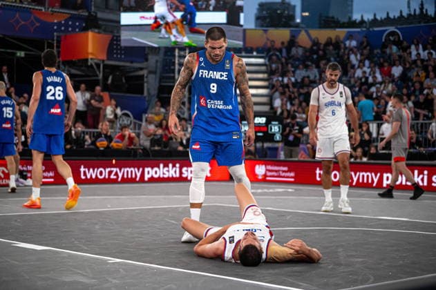 Warszawa 07.06.2026. 3x3 Basketball World Cup Day 7 in Warsaw, Poland. Serbia - France match --- Mistrzostwa Swiata w koszykowce 3x3 Dzien 7 w Warszawie. Mecz Serbia - Francja Persons Shown : Emmanuel Monceau Strahinja Stojacic Fot. Kai Taller Arena Akcji NEWSPIX.PL --- newspix.pl 