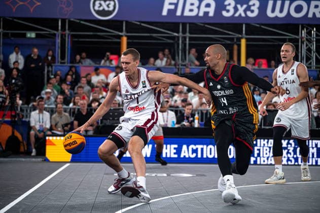 Warszawa 07.06.2026. 3x3 Basketball World Cup Day 7 in Warsaw, Poland. Germany - Latvia match --- Mistrzostwa Swiata w koszykowce 3x3 Dzien 7 w Warszawie. Mecz Niemcy - Lotwa Persons Shown : Nauris Miezis Kevin Bryant Fot. Kai Taller Arena Akcji NEWSPIX.PL --- newspix.pl 
