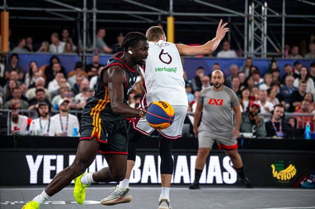 Warszawa 07.06.2026. 3x3 Basketball World Cup Day 7 in Warsaw, Poland. Germany - Latvia match --- Mistrzostwa Swiata w koszykowce 3x3 Dzien 7 w Warszawie. Mecz Niemcy - Lotwa Persons Shown : Denzel Agyeman Francis Lacis Fot. Kai Taller Arena Akcji NEWSPIX.PL --- newspix.pl 