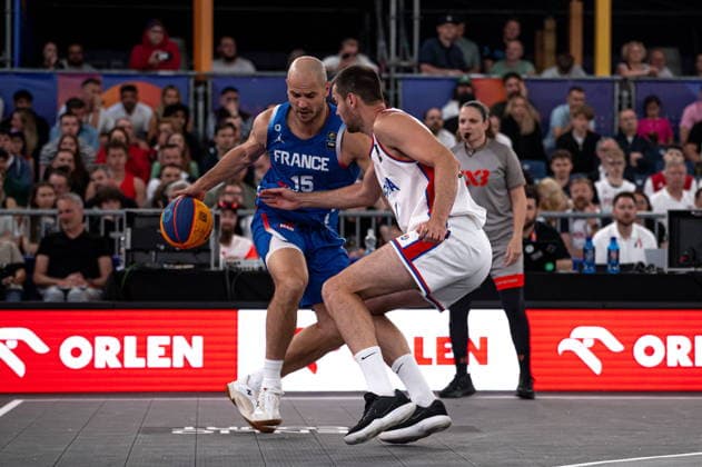 Warszawa 07.06.2026. 3x3 Basketball World Cup Day 7 in Warsaw, Poland. Serbia - France match --- Mistrzostwa Swiata w koszykowce 3x3 Dzien 7 w Warszawie. Mecz Serbia - Francja Persons Shown : Alex Vialaret Andreja Milutinovic Fot. Kai Taller Arena Akcji NEWSPIX.PL --- newspix.pl 