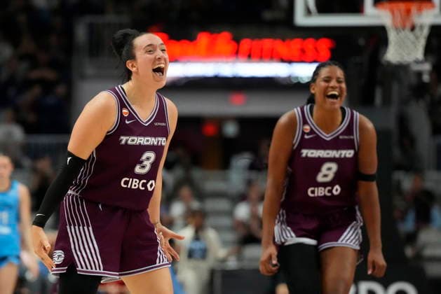 June 7, 2026, Toronto, On, CANADA: Toronto Tempo guard Marina Mabrey (3) and teammate Nyara Sabally (8) react after Tempo forward Isabelle Harrison, not shown, made a three-point basket against the Chicago Sky during second half WNBA, Basketball Damen, USA action in Toronto, Sunday, June 7, 2026. Canada News - June 7, 2026  - ZUMAc35_ 20260607_zaf_c35_037 Copyright: xFrankxGunnx