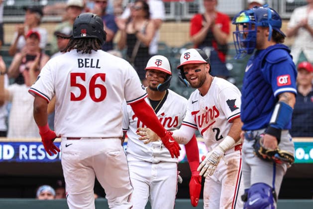 June 7, 2026, Minneapolis, Minnesota, USA: Minnesota Twins designated hitter JOSH BELL (56) celebrates a three-run home run in the ninth inning during a MLB, Baseball Herren, USA Baseball game between the Kansas City Royals and the Minnesota Twins at Target Field in Minneapolis, Minnesota on June 7th, 2026. The Royals defeated the Twins 6-5. ZUMA Press Wire. MLB 2026: Royals 6:5 Twins  - ZUMAg254 20260607_zsp_g254_055 Copyright: xStevenxGarciax