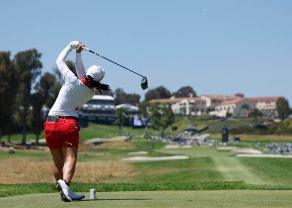 Sei Young Kim of South Korea tees off on the 9th hole during the final round of the 81st Women s U.S. Open golf championship at the Riviera Country Club in Pacific Palisades, California, on Sunday, June 7, 2026.  GLP20260607981 CAROLINExBREHMAN