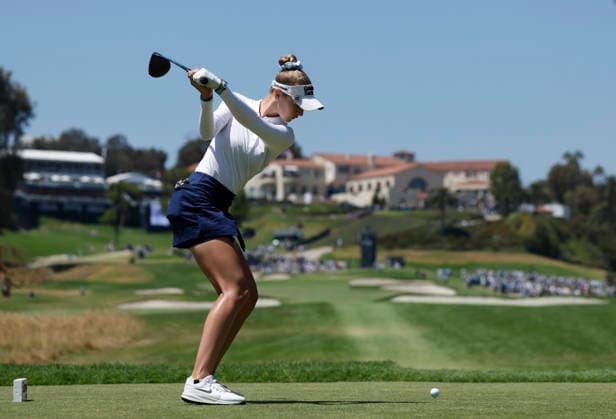 Nelly Korda tees off on the 9th hole during the final round of the 81st Women s U.S. Open golf championship at the Riviera Country Club in Pacific Palisades, California, on Sunday, June 7, 2026.  GLP20260607984 CAROLINExBREHMAN