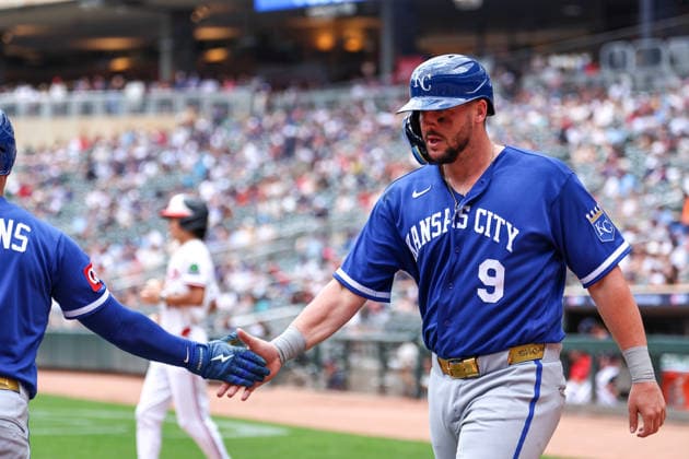 June 7, 2026, Minneapolis, Minnesota, USA: Kansas City Royals first baseman VINNIE PASQUANTINO (9) scores on a RBI double hit by Kansas City Royals second baseman Nick Loftin (12)(not pictured) in the fourth inning during a MLB, Baseball Herren, USA Baseball game between the Kansas City Royals and the Minnesota Twins at Target Field in Minneapolis, Minnesota on June 7th, 2026. The Royals defeated the Twins 6-5. ZUMA Press Wire. Minneapolis USA - ZUMAg254 20260607_zsp_g254_046 Copyright: xStevenxGarciax