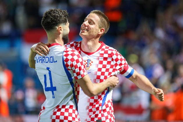 Varazdin, Croatia, 070626. City stadium. Friendly football game before the World Cup, Croatia - Slovenia. In photo: celebrating a goal, Josko Gvardiol, Mario Pasalic. Photo: Josip Bandic CROPIX Varazdin Croatia Copyright: xxJosipxBandicx xCROPIXx croatia_slovenia10-070626