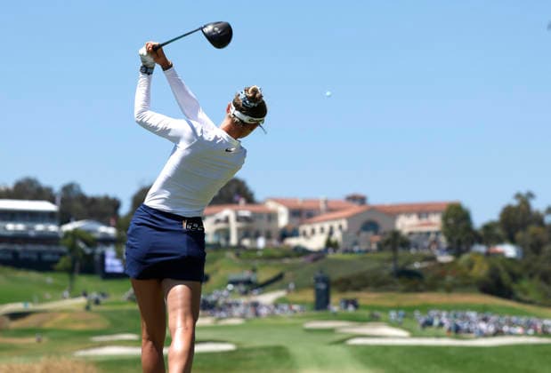 Nelly Korda tees off on the 9th hole during the final round of the 81st Women s U.S. Open golf championship at the Riviera Country Club in Pacific Palisades, California, on Sunday, June 7, 2026.  GLP20260607987 CAROLINExBREHMAN
