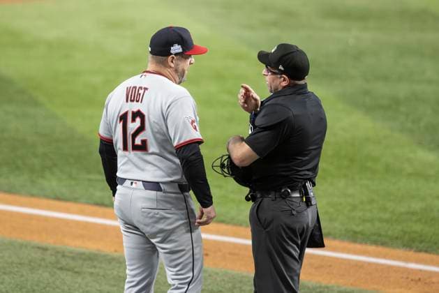 June 7, 2026, Arlington, Texas, USA: Cleveland Guardians manager STEPHEN VOGT (12) and umpire CHRIS GUCCIONE (68) during a MLB, Baseball Herren, USA game between the Cleveland Guardians and Texas Rangers at Globe Life Field. Texas wins 10-0. MLB 2026: Rangers 10:0 Guardians  - ZUMAf180 20260607_zsp_f180_012 Copyright: xMarkxFannx