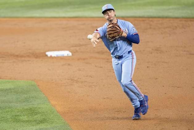 June 7, 2026, Arlington, Texas, USA: Texas Rangers second baseman JUSTIN FOSCUE (14) throws the runner out at first base during a MLB, Baseball Herren, USA game between the Cleveland Guardians and Texas Rangers at Globe Life Field. Texas wins 10-0. MLB 2026: Rangers 10:0 Guardians  - ZUMAf180 20260607_zsp_f180_013 Copyright: xMarkxFannx