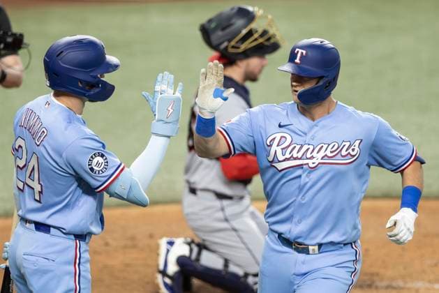 June 7, 2026, Arlington, Texas, USA: Texas Rangers third baseman JOSH JUNG (6) celebrates with Texas Rangers right fielder BRANDON NIMMO (24) after a homerun during a MLB, Baseball Herren, USA game between the Cleveland Guardians and Texas Rangers at Globe Life Field. Texas wins 10-0. MLB 2026: Rangers 10:0 Guardians  - ZUMAf180 20260607_zsp_f180_016 Copyright: xMarkxFannx