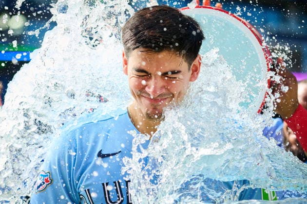 June 7, 2026, Toronto, On, Canada: Toronto Blue Jays Brandon Valenzuela (59) is doused with a sports drink following MLB, Baseball Herren, USA baseball action in Toronto, on Sunday, June 7, 2026. Canada News - June 7, 2026  - ZUMAc35_ 20260607_zaf_c35_041 Copyright: xSammyxKoganx