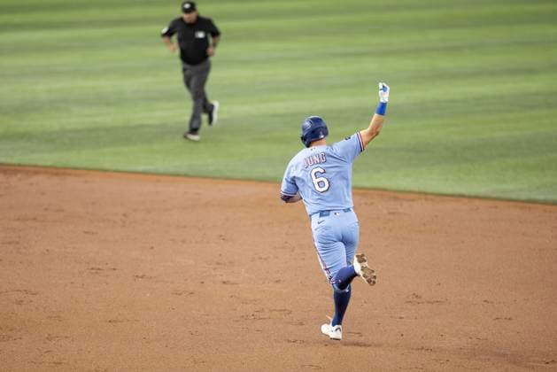 June 7, 2026, Arlington, Texas, USA: Texas Rangers third baseman JOSH JUNG (6) celebrates after hitting a homerun during a MLB, Baseball Herren, USA game between the Cleveland Guardians and Texas Rangers at Globe Life Field. Texas wins 10-0. Arlington USA - ZUMAf180 20260607_zsp_f180_014 Copyright: xMarkxFannx