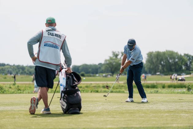 PGA, Golf Herren Tour Champions: American Family Insurance Championship - Final Round MADISON, WI - JUNE 7: Greg Chalmers hits a golf ball from the fairway on hole two as his caddie watches during the PGA Tour Champions: American Family Insurance Championship - Final Round at TPC Wisconsin on June 7, 2026 in Madison, Wisconsin. Madison TPC Wisconsin WI United States Copyright: xRossxHarried ISIxPhotosx 9314