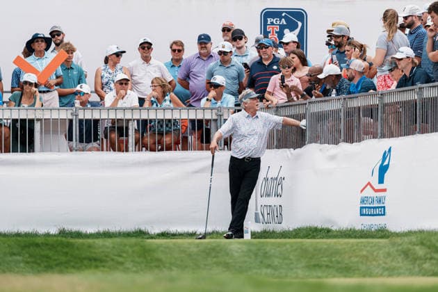PGA, Golf Herren Tour Champions: American Family Insurance Championship - Final Round MADISON, WI - JUNE 7: Michael Allen leans against a metal railing while holding a golf club near the 16th hole during the PGA Tour Champions: American Family Insurance Championship - Final Round at TPC Wisconsin on June 7, 2026 in Madison, Wisconsin. Madison TPC Wisconsin WI United States Copyright: xRossxHarried ISIxPhotosx 9314