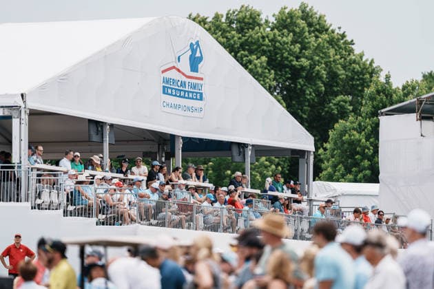 PGA, Golf Herren Tour Champions: American Family Insurance Championship - Final Round MADISON, WI - JUNE 7: Spectators sit in the grandstand beneath a tent featuring the American Family Insurance Championship logo during the PGA Tour Champions: American Family Insurance Championship - Final Round at TPC Wisconsin on June 7, 2026 in Madison, Wisconsin. Madison TPC Wisconsin Wisconsin United States Copyright: xRossxHarried ISIxPhotosx 9314