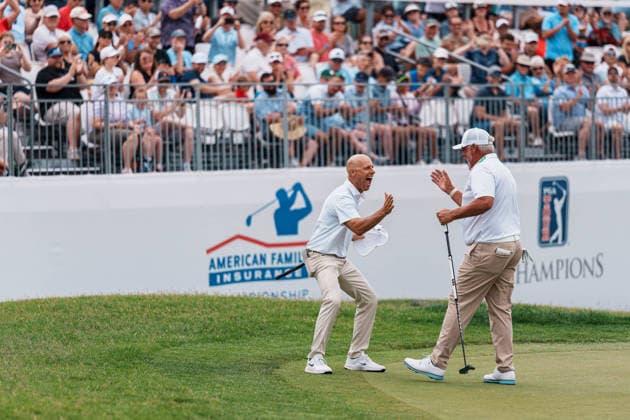 PGA, Golf Herren Tour Champions: American Family Insurance Championship - Final Round MADISON, WI - JUNE 7: Ben Crane and Darren Clarke celebrate their win on hole 18 during the PGA Tour Champions: American Family Insurance Championship - Final Round at TPC Wisconsin on June 7, 2026 in Madison, Wisconsin. Madison TPC Wisconsin WI United States Copyright: xRossxHarried ISIxPhotosx 9314