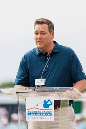 PGA, Golf Herren Tour Champions: American Family Insurance Championship - Final Round MADISON, WI - JUNE 7: Bill Westrate, American Family CEO, speaks at a podium during the PGA Tour Champions: American Family Insurance Championship - Final Round at TPC Wisconsin on June 7, 2026 in Madison, Wisconsin. Madison TPC Wisconsin WI United States Copyright: xRossxHarried ISIxPhotosx 9314