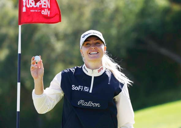 Charley Hull of England smiles after finishing on the 18th hole during the final round of the 81st Women s U.S. Open golf championship at the Riviera Country Club in Pacific Palisades, California, on Sunday, June 7, 2026.  GLP20260607811 CAROLINExBREHMAN