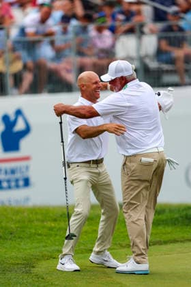 MADISON, WI - JUNE 07: Ben Crane from Portland, OR left celebrates winning the PGA, Golf Herren Tour Champions American Family Insurance Championship golf tournament with teammate Darren Clarke from the Bahamas on June 7, 2026 at TPC Wisconsin Golf Course in Madison, WI. (Photo by Lawrence Iles Icon Sportswire) GOLF: JUN 07 PGA TOUR Champions American Family Insurance Championship EDITORIAL USE ONLY Icon2606070173