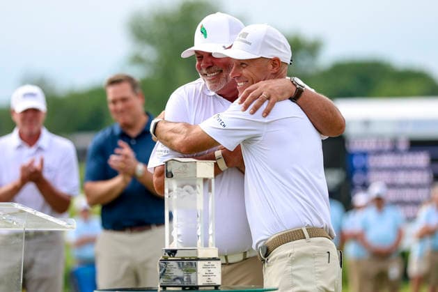 MADISON, WI - JUNE 07: Darren Clarke, left, from the Bahamas shares a hug with teammate Ben Crane from Portland, OR after winning the PGA, Golf Herren Tour Champions American Family Insurance Championship golf tournament on June 7, 2026 at TPC Wisconsin Golf Course in Madison, WI. (Photo by Lawrence Iles Icon Sportswire) GOLF: JUN 07 PGA TOUR Champions American Family Insurance Championship EDITORIAL USE ONLY Icon2606070183