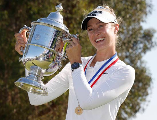 Nelly Korda raises her trophy after winning the 81st Women s U.S. Open golf championship at the Riviera Country Club in Pacific Palisades, California, on Sunday, June 7, 2026. Korda won with an eight-under-par score of 276.  GLP20260607853 CAROLINExBREHMAN