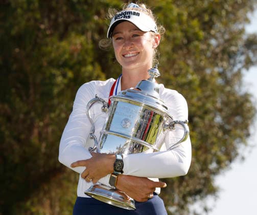 Nelly Korda poses with her trophy after winning the 81st Women s U.S. Open golf championship at the Riviera Country Club in Pacific Palisades, California, on Sunday, June 7, 2026. Korda won with an eight-under-par score of 276.  GLP20260607854 CAROLINExBREHMAN