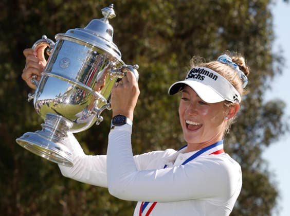Nelly Korda poses with her trophy after winning the 81st Women s U.S. Open golf championship at the Riviera Country Club in Pacific Palisades, California, on Sunday, June 7, 2026. Korda won with an eight-under-par score of 276.  GLP20260607855 CAROLINExBREHMAN