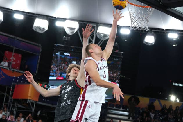 June 7, 2026, Warsaw, Masovian Voivodeship, Poland: Latvia s FRANCIS LACIS (6) and Germany s NIKLAS KROPP (5) in action during the FIBA 3x3 Basketball World Cup men s final game between Latvia and Germany in Warsaw, Poland. Latvia defeated Germany to become world champions. Basketball 2026: FIBA 3x3 World Cup Men s Final: Latvia 20:15 Germany  - ZUMAk204 20260607_zip_k204_036 Copyright: xRomanxKozielx