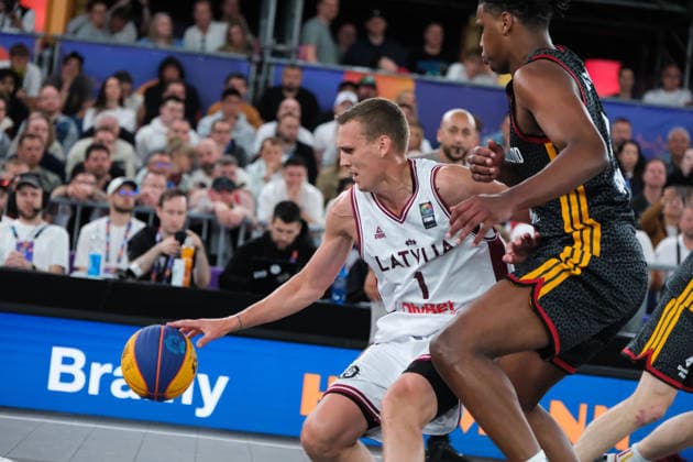 June 7, 2026, Warsaw, Masovian Voivodeship, Poland: Latvia s NAURIS MIEZIS (1) and Germany s FABIAN GIESSMANN (20) in action during the FIBA 3x3 Basketball World Cup men s final game between Latvia and Germany in Warsaw, Poland. Latvia defeated Germany to become world champions. Warsaw Poland - ZUMAk204 20260607_zip_k204_041 Copyright: xRomanxKozielx