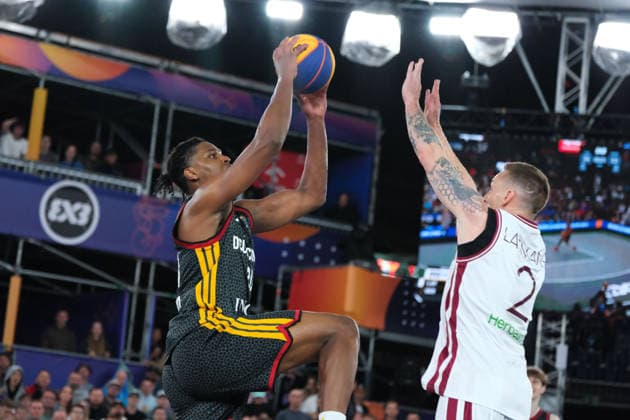 June 7, 2026, Warsaw, Masovian Voivodeship, Poland: Latvia s KARLIS LASMANIS (2) and Germany s FABIAN GIESSMANN (20) in action during the FIBA 3x3 Basketball World Cup men s final game between Latvia and Germany in Warsaw, Poland. Latvia defeated Germany to become world champions. Warsaw Poland - ZUMAk204 20260607_zip_k204_043 Copyright: xRomanxKozielx