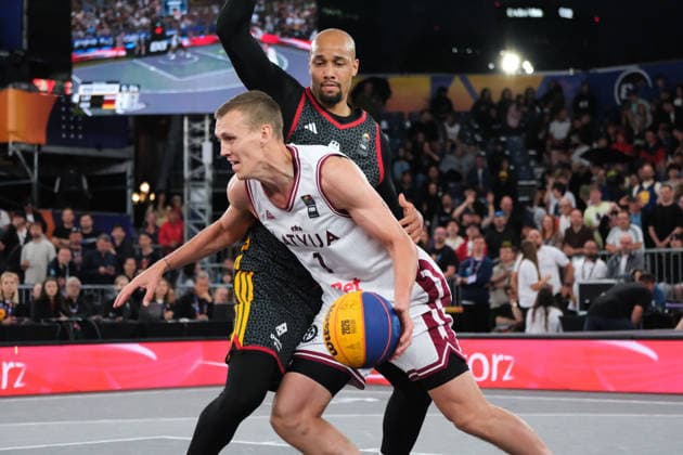 June 7, 2026, Warsaw, Masovian Voivodeship, Poland: Latvia s NAURIS MIEZIS (1) and Germany s KEVIN BRYANT (44) in action during the FIBA 3x3 Basketball World Cup men s final game between Latvia and Germany in Warsaw, Poland. Latvia defeated Germany to become world champions. Basketball 2026: FIBA 3x3 World Cup Men s Final: Latvia 20:15 Germany  - ZUMAk204 20260607_zip_k204_039 Copyright: xRomanxKozielx