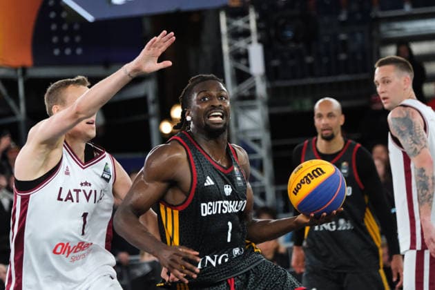June 7, 2026, Warsaw, Masovian Voivodeship, Poland: Germany s DENZEL AGYEMAN (1) and Latvia s NAURIS MIEZIS (1) in action during the FIBA 3x3 Basketball World Cup men s final game between Latvia and Germany in Warsaw, Poland. Latvia defeated Germany to become world champions. Basketball 2026: FIBA 3x3 World Cup Men s Final: Latvia 20:15 Germany  - ZUMAk204 20260607_zip_k204_050 Copyright: xRomanxKozielx