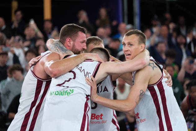 June 7, 2026, Warsaw, Masovian Voivodeship, Poland: Latvia s FRANCIS LACIS (6), NAURIS MIEZIS (1), KARLIS LASMANIS (2), and ZIGMARS RAIMO (9) celebrate victory at the end of the FIBA 3x3 Basketball World Cup men s final game between Latvia and Germany in Warsaw, Poland. Latvia defeated Germany to become world champions. Basketball 2026: FIBA 3x3 World Cup Men s Final: Latvia 20:15 Germany  - ZUMAk204 20260607_zip_k204_056 Copyright: xRomanxKozielx
