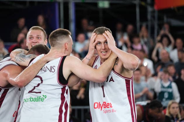 June 7, 2026, Warsaw, Masovian Voivodeship, Poland: Latvia s FRANCIS LACIS (6), NAURIS MIEZIS (1), KARLIS LASMANIS (2), and ZIGMARS RAIMO (9) celebrate victory at the end of the FIBA 3x3 Basketball World Cup men s final game between Latvia and Germany in Warsaw, Poland. Latvia defeated Germany to become world champions. Basketball 2026: FIBA 3x3 World Cup Men s Final: Latvia 20:15 Germany  - ZUMAk204 20260607_zip_k204_057 Copyright: xRomanxKozielx