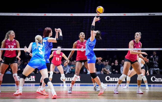 Team Japan Nanami Seki returns a shot against Team Canada during their womens Volleyball Nations League (VNL) match on June 7, 2026 in Quebec City, Canada. Noxthirdxpartyxsales  aflo_333658995 MathieuxBelangerx