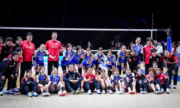 Team Japan celebrates against Team Canada during their womens Volleyball Nations League (VNL) match on June 7, 2026 in Quebec City, Canada. Noxthirdxpartyxsales  aflo_333659056 MathieuxBelangerx