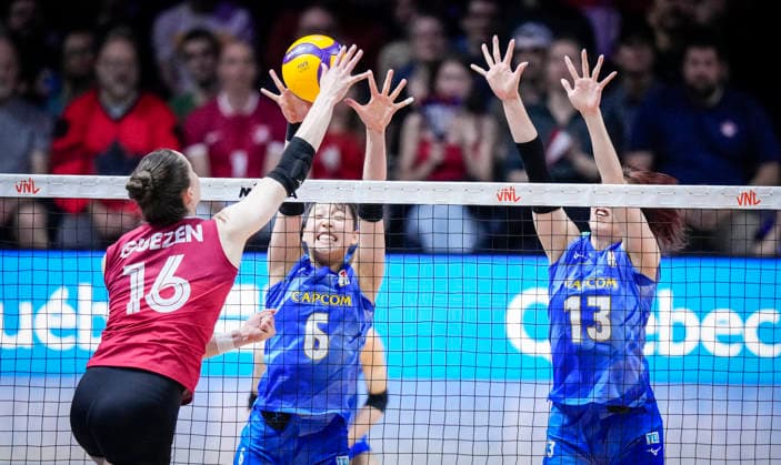 Team Japan Nanami Seki blocks a shot against Team Canada during their womens Volleyball Nations League (VNL) match on June 7, 2026 in Quebec City, Canada. Noxthirdxpartyxsales  aflo_333659185 MathieuxBelangerx