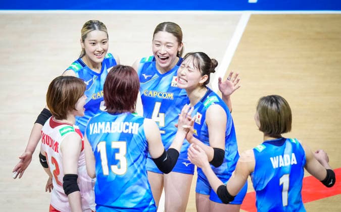 Team Japan celebrates against Team Canada during their womens Volleyball Nations League (VNL) match on June 7, 2026 in Quebec City, Canada. Noxthirdxpartyxsales  aflo_333659377 MathieuxBelangerx