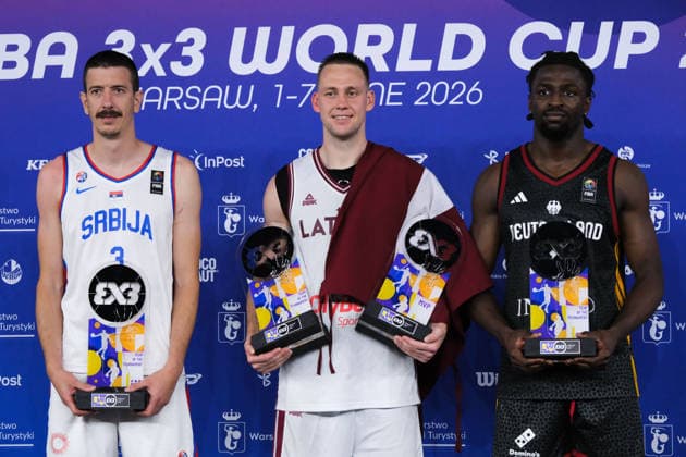 June 7, 2026, Warsaw, Masovian Voivodeship, Poland: Serbia s STRAHINJA STOJACIC (3), Latvia s KARLIS LASMANIS (2), and Germany s DENZEL AGYEMAN (1) stand with their awards during the prize ceremony at the conclusion of the 2026 FIBA 3x3 Basketball World Cup in Warsaw, Poland. Warsaw Poland - ZUMAk204 20260607_zip_k204_073 Copyright: xRomanxKozielx