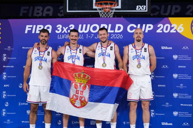 June 7, 2026, Warsaw, Masovian Voivodeship, Poland: Serbia s ANDREJA MILUTINOVIC (1), NEMANJA BARAC (6), NENAD NERANDZIC (5), STRAHINJA STOJACIC (3) pose with their men s 3rd place medals during the prize ceremony at the conclusion of the 2026 FIBA 3x3 Basketball World Cup in Warsaw, Poland. Warsaw Poland - ZUMAk204 20260607_zip_k204_086 Copyright: xRomanxKozielx