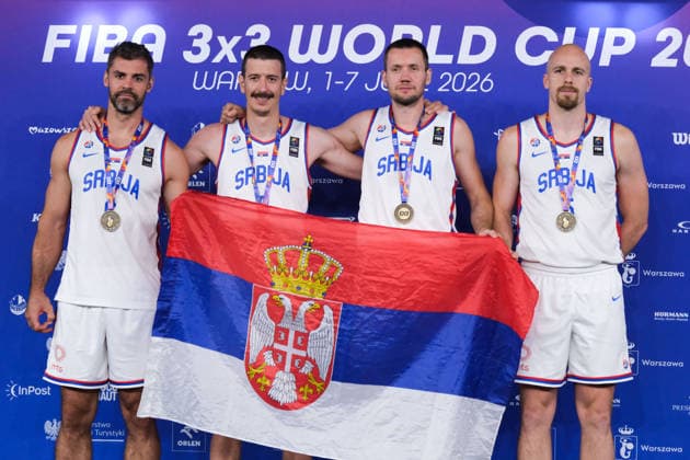 June 7, 2026, Warsaw, Masovian Voivodeship, Poland: Serbia s ANDREJA MILUTINOVIC (1), NEMANJA BARAC (6), NENAD NERANDZIC (5), and STRAHINJA STOJACIC (3) pose with their men s 3rd place medals during the prize ceremony at the conclusion of the 2026 FIBA 3x3 Basketball World Cup in Warsaw, Poland. Warsaw Poland - ZUMAk204 20260607_zip_k204_087 Copyright: xRomanxKozielx